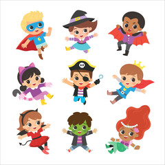 Set of Children dressed in Halloween costumes to go Trick or Treating. Characters in spooky holiday. Cute kids in Witch, prince, pirate, mermaid, Hero, Devil , cat and spooky pumpkin.
