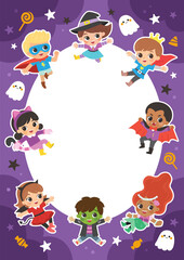 Set of Children dressed in Halloween costumes to go Trick or Treating. Template for advertising brochure. Happy Halloween Concept. Characters in spooky holiday.