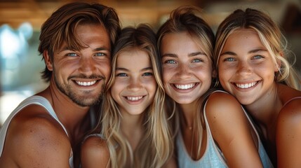Fototapeta premium A group of four friends smiling and posing together on a sunny day at a beachside location
