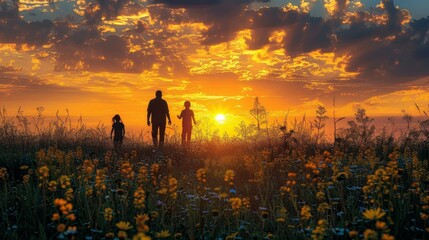 Fototapeta premium Family stroll during sunset in a vibrant wildflower field
