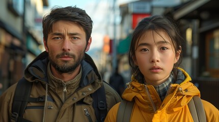 Fototapeta premium A man and a young woman stand side by side in a bustling street, dressed warmly, reflecting the vibrant atmosphere of a city during autumn