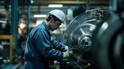 Fototapeta premium A worker in a factory meticulously assembling machinery components.