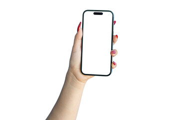 Female Hand holding smartphone isolated on transparent background - PNG format.