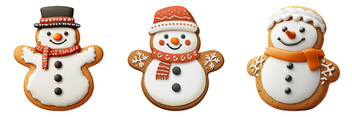 Fototapeta premium Gingerbread cookies shaped like snowmen with icing decorations isolated on transparent background