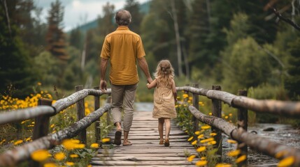 A grandfather and granddaughter walk hand in hand across a wooden bridge in a serene forest setting during the summer