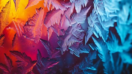 Close Up of Frost Patterns on Window, Blue and Orange Colors