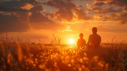 Fototapeta premium A parent and child watching a sunset together in a grassy field during warm evening light