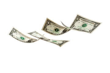 Flying dollar bills on white background.