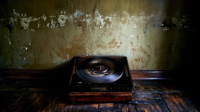 Old turntable playing music in a dimly lit, rustic room with peeling walls
