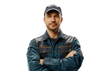 Mechanic in uniform standing in front of a car on white background.
