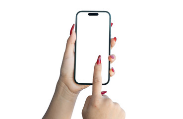 Female Hand holding smartphone isolated on transparent background - PNG format.