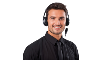 Portrait of a smiling male call center worker with a headset, customer service representative, isolated on transparent background
