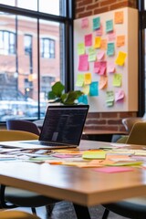 A brainstorming session in a colorful agency office, ideas flowing on sticky notes and laptops
