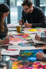 Fototapeta premium A brainstorming session in a colorful agency office, ideas flowing on sticky notes and laptops