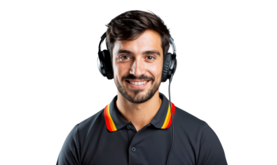 Smiling call center worker with a headset, customer service representative, isolated on transparent background