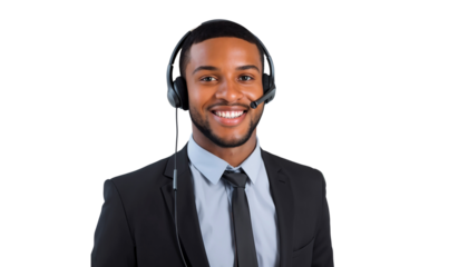 Portrait of a smiling male call center worker with a headset, customer service representative, isolated on transparent background