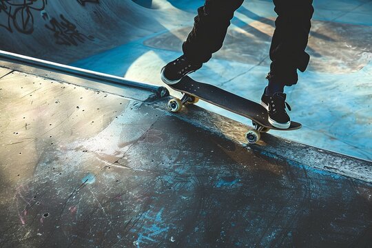 Skateboarder doing a kickflip in a skatepark in a low angle shot with high contrast blue and grey tones with minimalism and negative space and an empty area for text on the frame