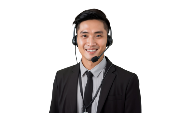 Portrait of a smiling male call center worker with a headset, customer service representative, isolated on transparent background