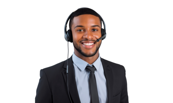 Portrait of a smiling male call center worker with a headset, customer service representative, isolated on transparent background - Powered by Adobe