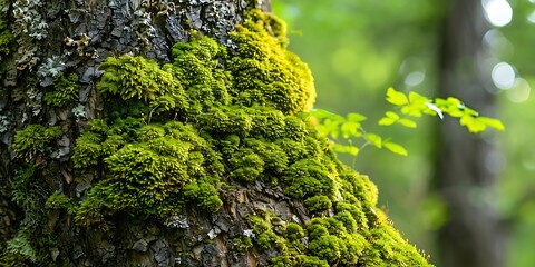 Closeup of Green Moss Covering a Tree Trunk in a Forest Illustration