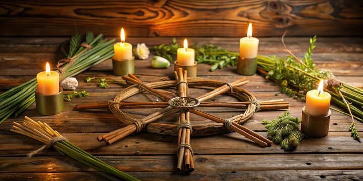 Wiccan altar set up for Imbolc sabbat with Brigid's cross amulet, candles