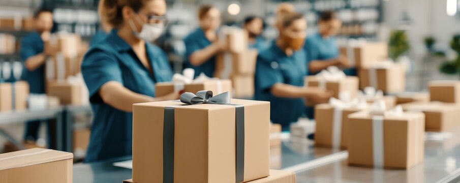 Group of workers in a distribution center packing boxes for delivery wearing uniforms and masks ensuring product quality and timely shipment.