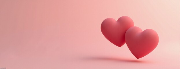 Two Red Hearts Romantically Floating Against Pink Background with Copy Space