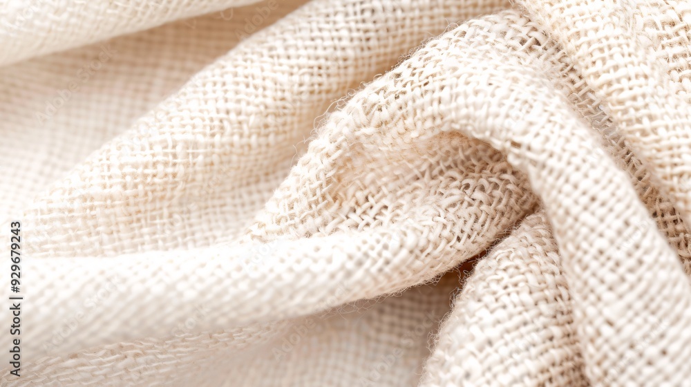 Poster close-up of a soft, woven fabric texture in neutral tones with ample copy space on the right side, p