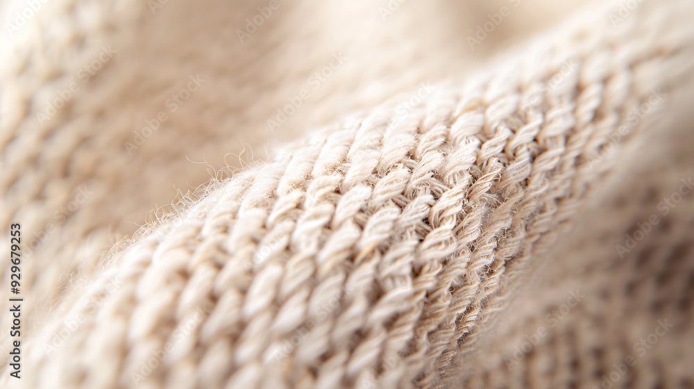 Poster close-up of a soft, woven fabric texture in neutral tones with ample copy space on the right side, p