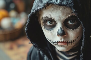 Creepy child in skull makeup and hooded costume