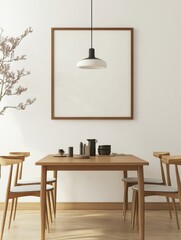 Frame Mockup Above Wooden Dining Table with Matching Chairs and Pendant Light
