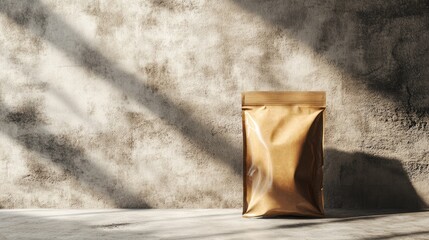 A brown ziplock bag mockup leaning against a cement wall background. The simple yet stylish design showcases the bag's versatility and the rugged texture of the wall.