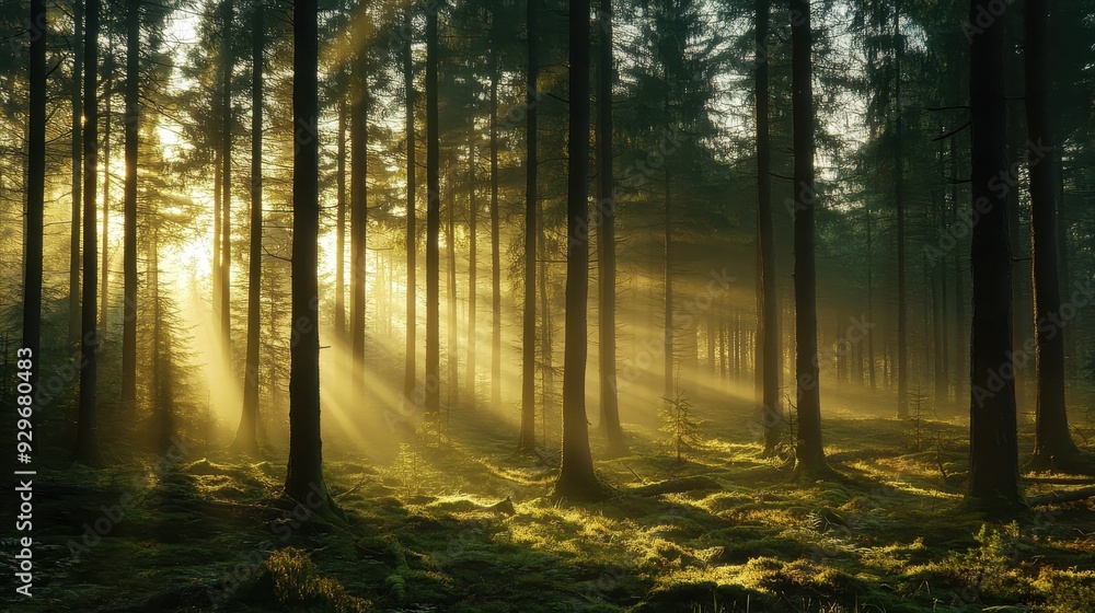 Poster a serene forest scene with sunlight streaming through trees, creating a tranquil atmosphere.