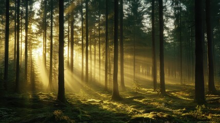 A serene forest scene with sunlight streaming through trees, creating a tranquil atmosphere.