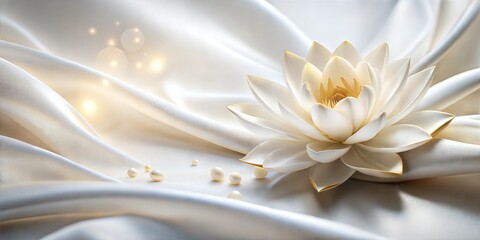 Fototapeta premium spa banner with small lotos water, white silk, white background with gold shines