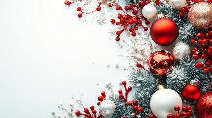 Red and white Christmas ornaments and sprigs of frosted pine branches with red berries against a white background.