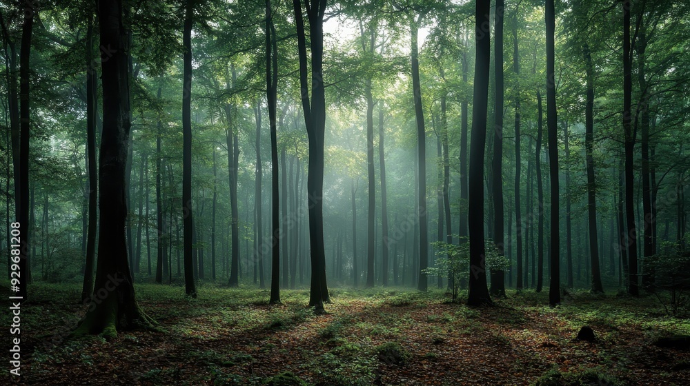 Poster a serene forest scene with tall trees and soft light filtering through the foliage.