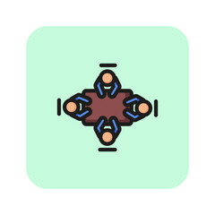 Top view of business team at meeting line icon. Briefing, discussion, boardroom. Training concept. Vector illustration can be used for topics like business, planning, communication
