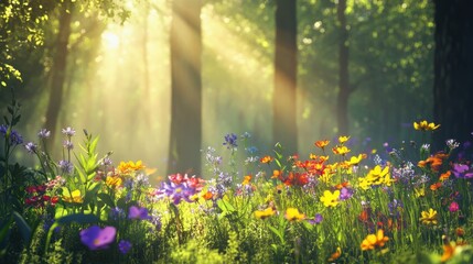 Obraz premium A serene forest scene with vibrant flowers and soft sunlight filtering through trees.