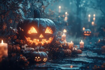 Naklejka premium Glowing jack o' lantern in spooky forest