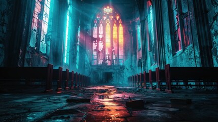 Obraz premium Abandoned haunted chapel, broken stained glass, haunting mood, 3D illustration