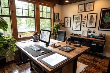 A cozy creative workspace with a large desk, drawing tablets, and inspirational quotes on the walls