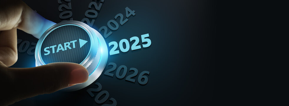 happy new year 2025,Finger about to twist the start button 2025 with the text 2023,2024,2026 and start on twist button.Concept of planning,start,career path,business strategy,opportunity and change