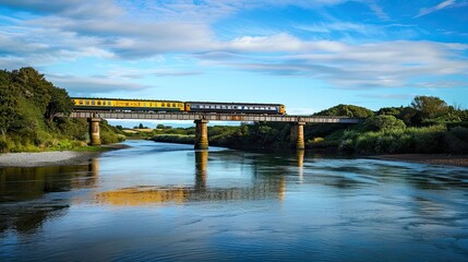 Red and yellow train crossing a bridge over a river in a scenic mountainous landscape. Snow-capped mountains and pine trees create a picturesque backdrop for the train journey. Generative by AI