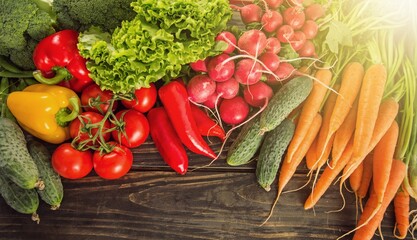 fresh ripe fruits and vegetables on the desk