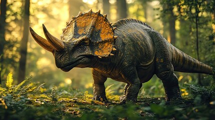 Fototapeta premium A Triceratops Dinosaur Stands in a Lush Forest
