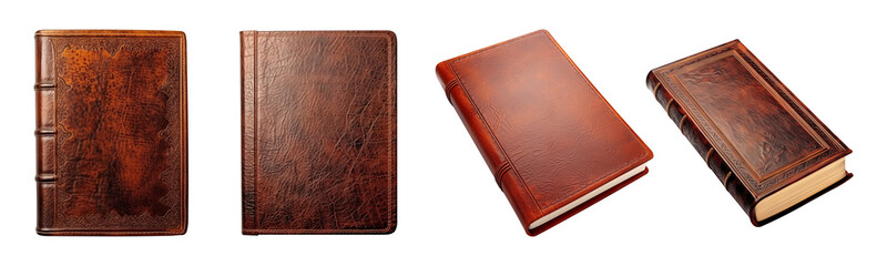 Vintage leather-bound books with classic design and textured covers