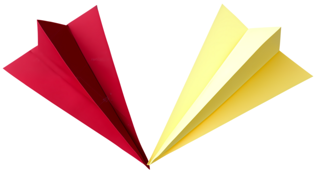 Close Up To a set of Colored Paper plane origami PNG isolated on white and transparent background - DIY Paper folding Paper craft glider Flying plane Paper design