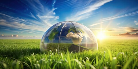Conceptual eco green house design with earth planet on a sunny meadow background, eco, green, house, concept, earth