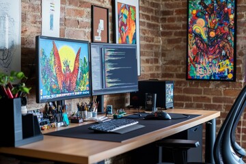 A creative studio setup with dual monitors, a graphics tablet, and colorful artwork on display